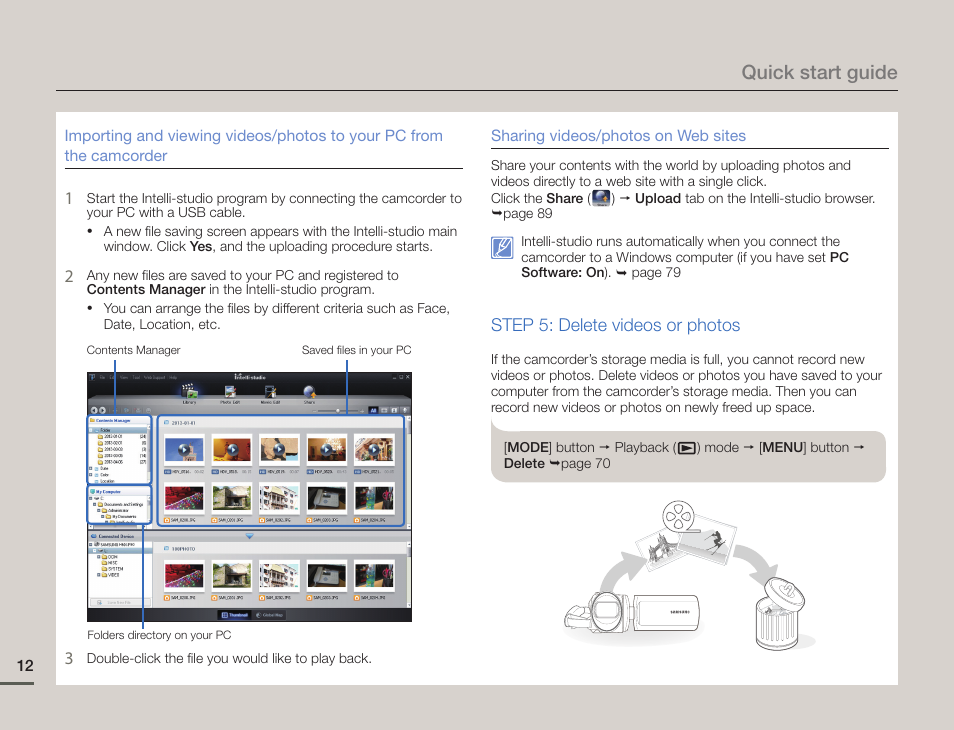 Quick start guide, Step 5: delete videos or photos | Samsung HMX-F900WN-XAA User Manual | Page 16 / 113