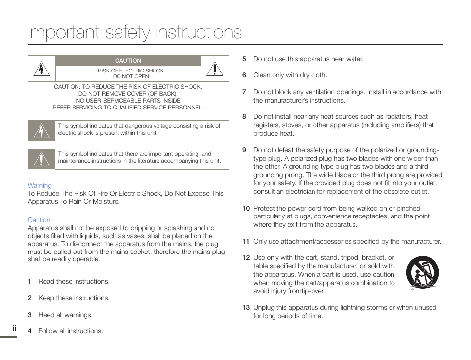 Important safety instructions | Samsung HMX-F900WN-XAA User Manual | Page 2 / 113