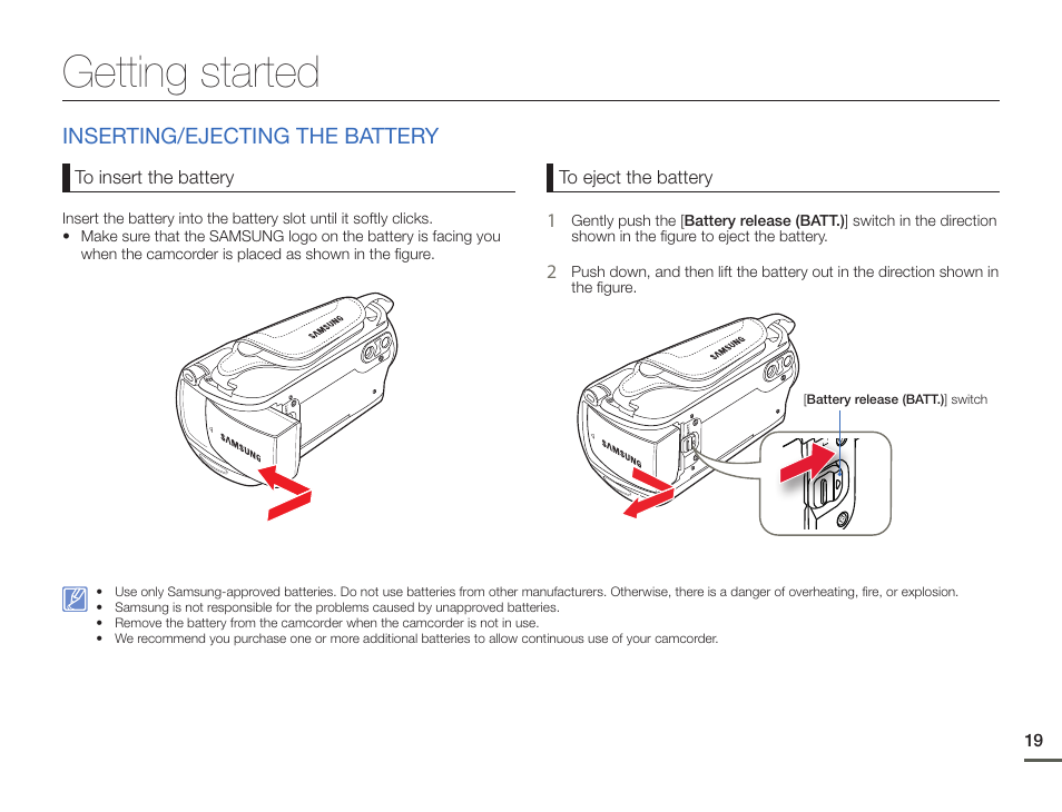 Getting started, Inserting/ejecting the battery | Samsung HMX-F900WN-XAA User Manual | Page 23 / 113