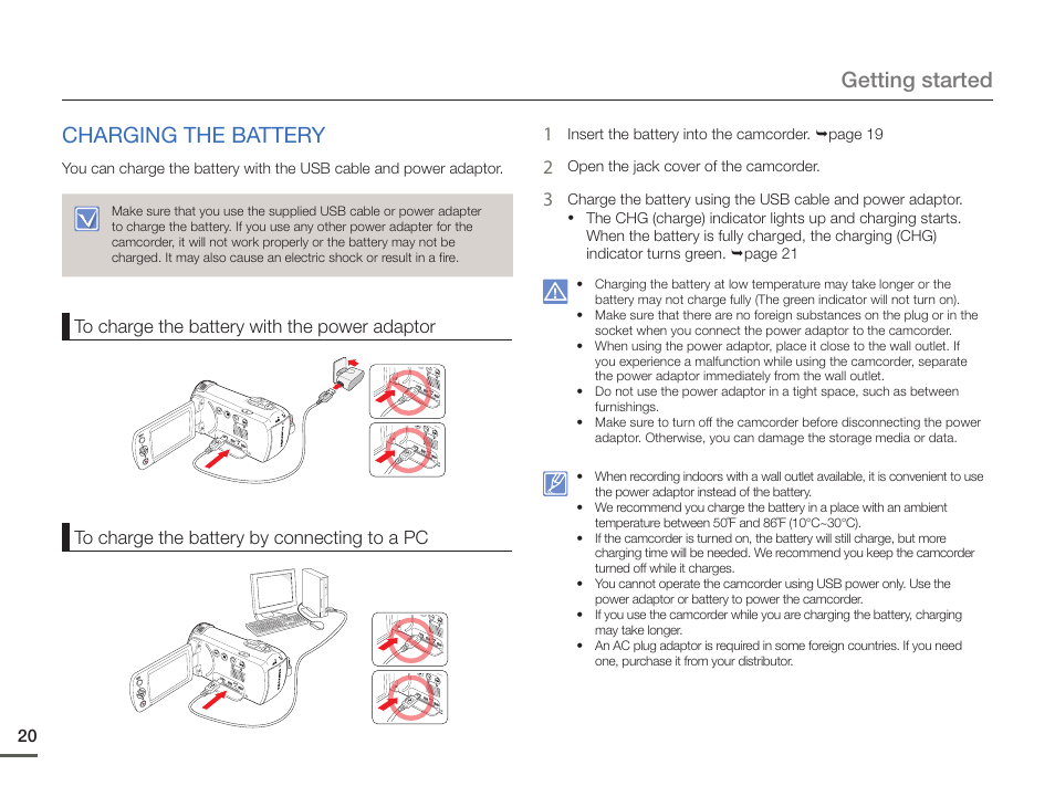 Charging the battery, Getting started charging the battery | Samsung HMX-F900WN-XAA User Manual | Page 24 / 113