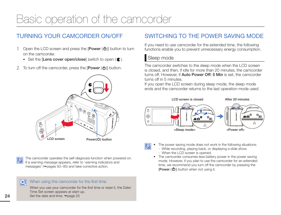 Basic operation of the camcorder, Turning your camcorder on/off, Switching to the power saving mode | Samsung HMX-F900WN-XAA User Manual | Page 28 / 113