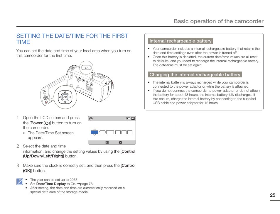 Setting the date/time for the first time, Internal rechargeable battery, Charging the internal rechargeable battery | Samsung HMX-F900WN-XAA User Manual | Page 29 / 113