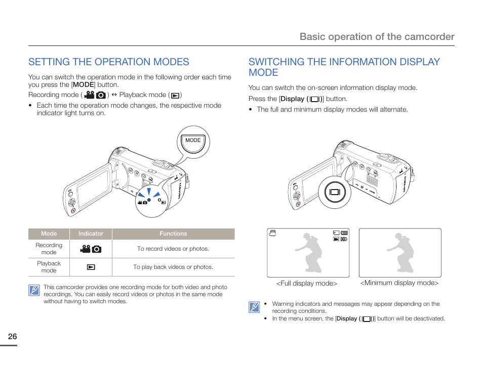 Setting the operation modes, Switching the information display mode | Samsung HMX-F900WN-XAA User Manual | Page 30 / 113