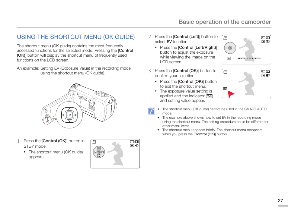 Using the shortcut menu (ok guide) | Samsung HMX-F900WN-XAA User Manual | Page 31 / 113