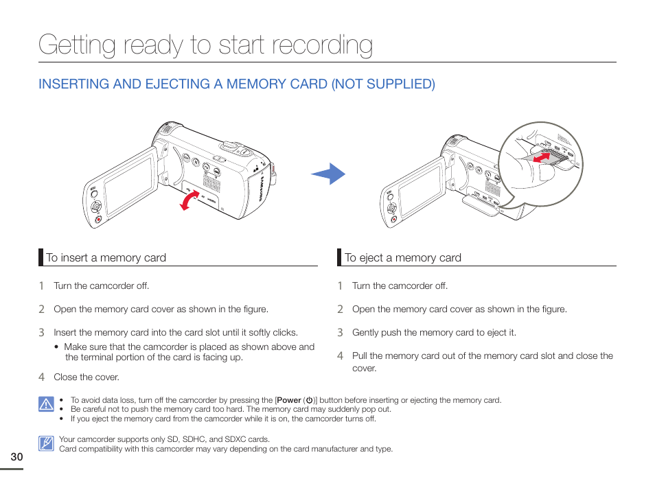 Getting ready to start recording, Inserting and ejecting a memory card, Not supplied) | Samsung HMX-F900WN-XAA User Manual | Page 34 / 113