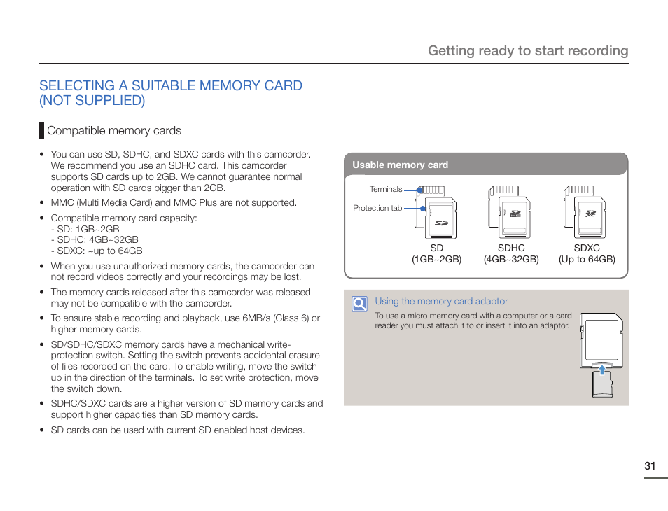 Selecting a suitable memory card (not supplied) | Samsung HMX-F900WN-XAA User Manual | Page 35 / 113