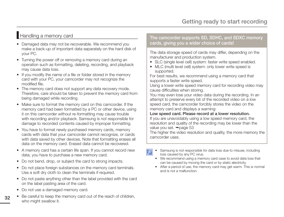 Getting ready to start recording | Samsung HMX-F900WN-XAA User Manual | Page 36 / 113