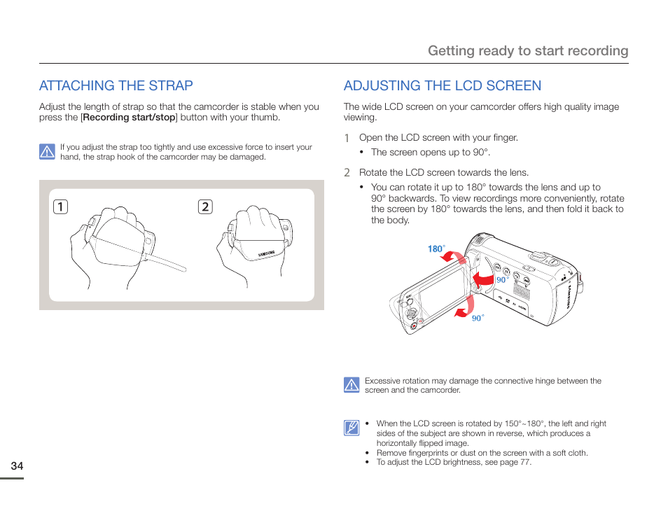 Attaching the strap, Adjusting the lcd screen, Attaching the strap adjusting the lcd screen | Samsung HMX-F900WN-XAA User Manual | Page 38 / 113