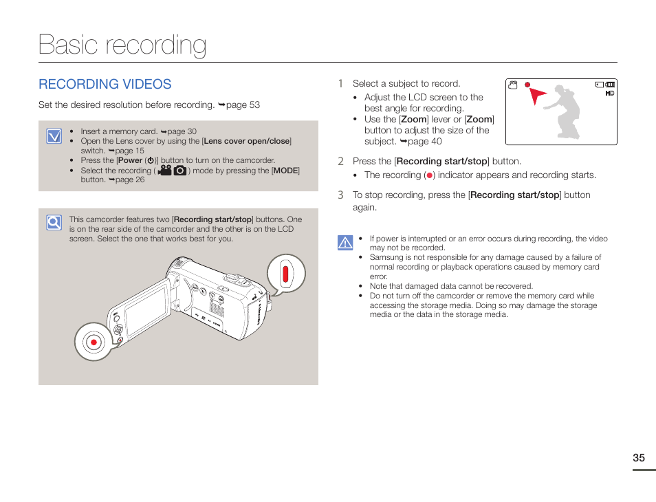 Basic recording, Recording videos | Samsung HMX-F900WN-XAA User Manual | Page 39 / 113