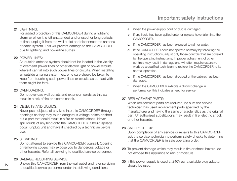 Important safety instructions | Samsung HMX-F900WN-XAA User Manual | Page 4 / 113