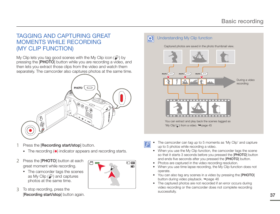 Tagging and capturing great moments while, Recording (my clip function) | Samsung HMX-F900WN-XAA User Manual | Page 41 / 113