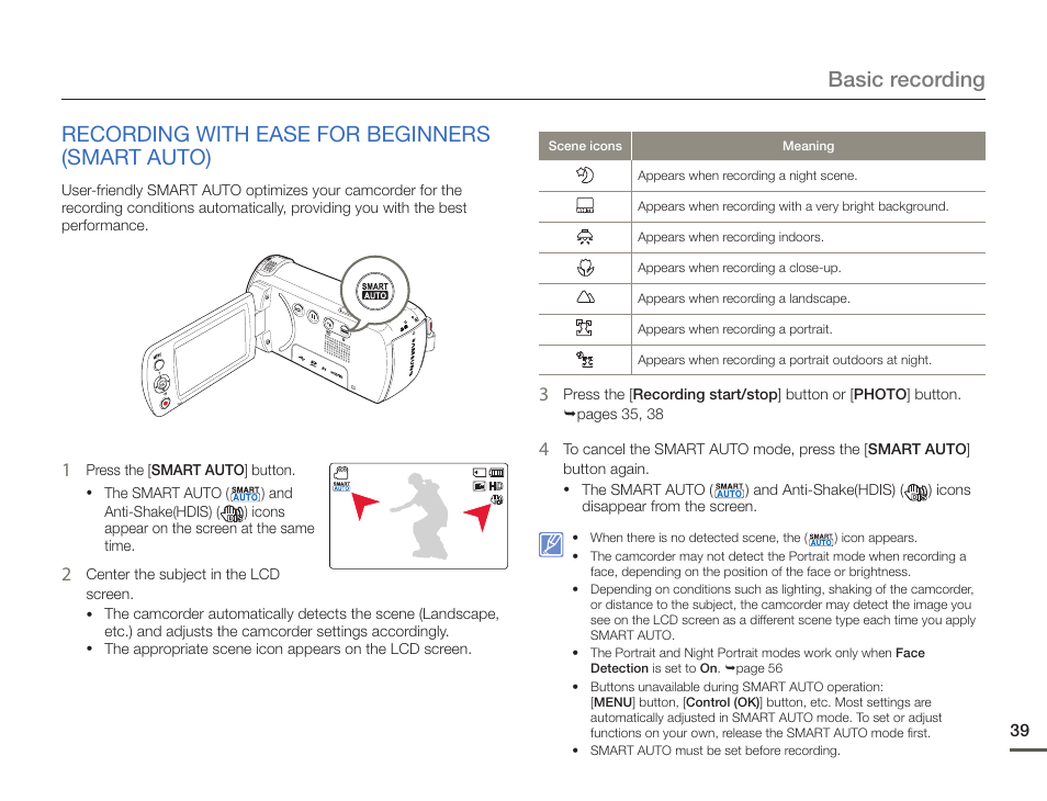 Recording with ease for beginners (smart auto) | Samsung HMX-F900WN-XAA User Manual | Page 43 / 113