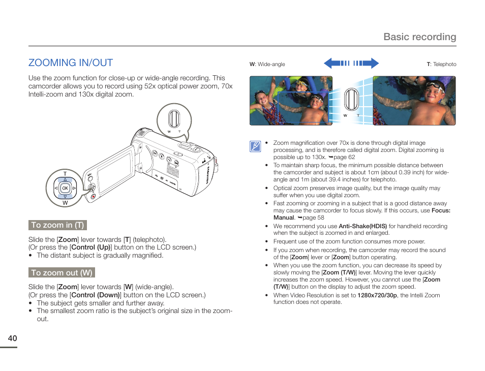 Zooming in/out, Basic recording zooming in/out | Samsung HMX-F900WN-XAA User Manual | Page 44 / 113