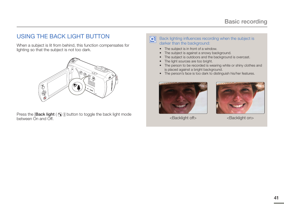 Using the back light button, Basic recording using the back light button | Samsung HMX-F900WN-XAA User Manual | Page 45 / 113