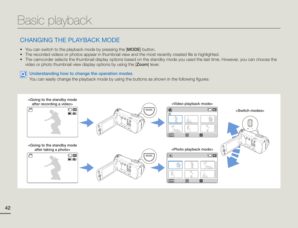 Basic playback, Changing the playback mode | Samsung HMX-F900WN-XAA User Manual | Page 46 / 113