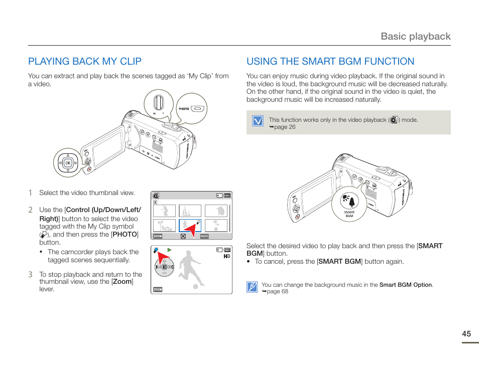 Playing back my clip, Using the smart bgm function, Playing back my clip using the smart bgm function | Basic playback playing back my clip | Samsung HMX-F900WN-XAA User Manual | Page 49 / 113