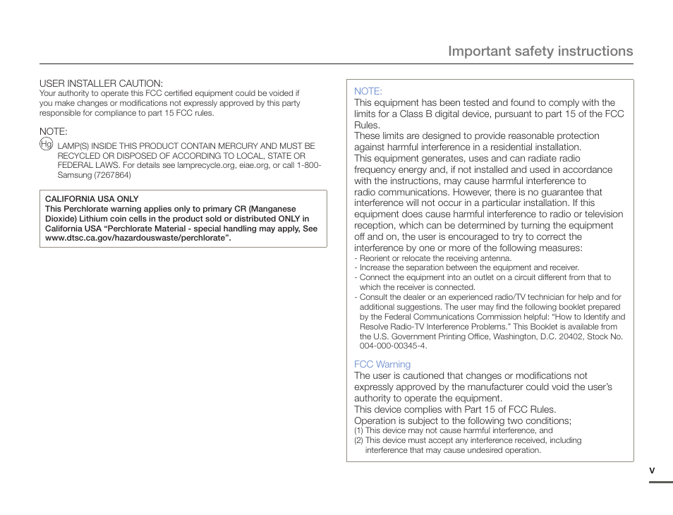 Important safety instructions | Samsung HMX-F900WN-XAA User Manual | Page 5 / 113