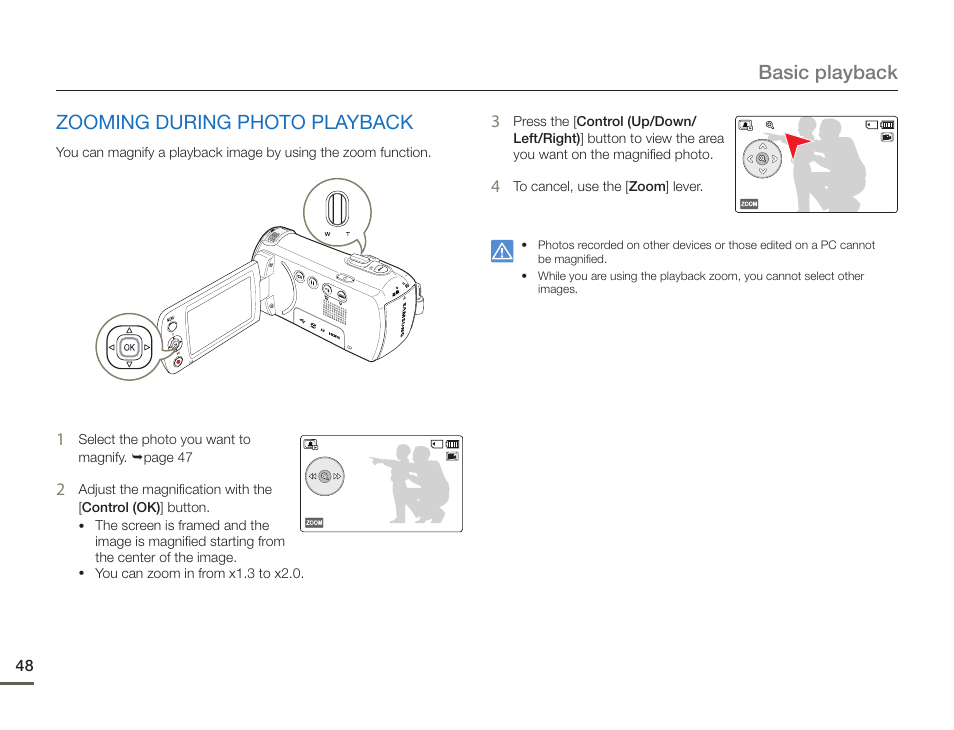 Zooming during photo playback, Basic playback zooming during photo playback | Samsung HMX-F900WN-XAA User Manual | Page 52 / 113