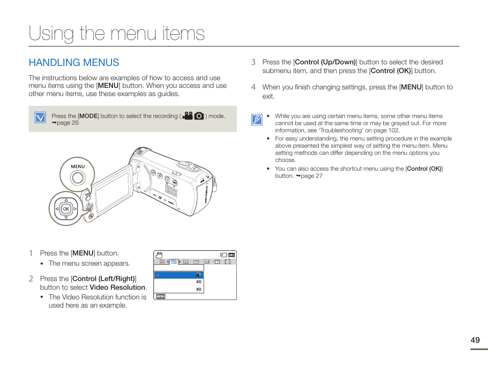 Using the menu items, Handling menus | Samsung HMX-F900WN-XAA User Manual | Page 53 / 113