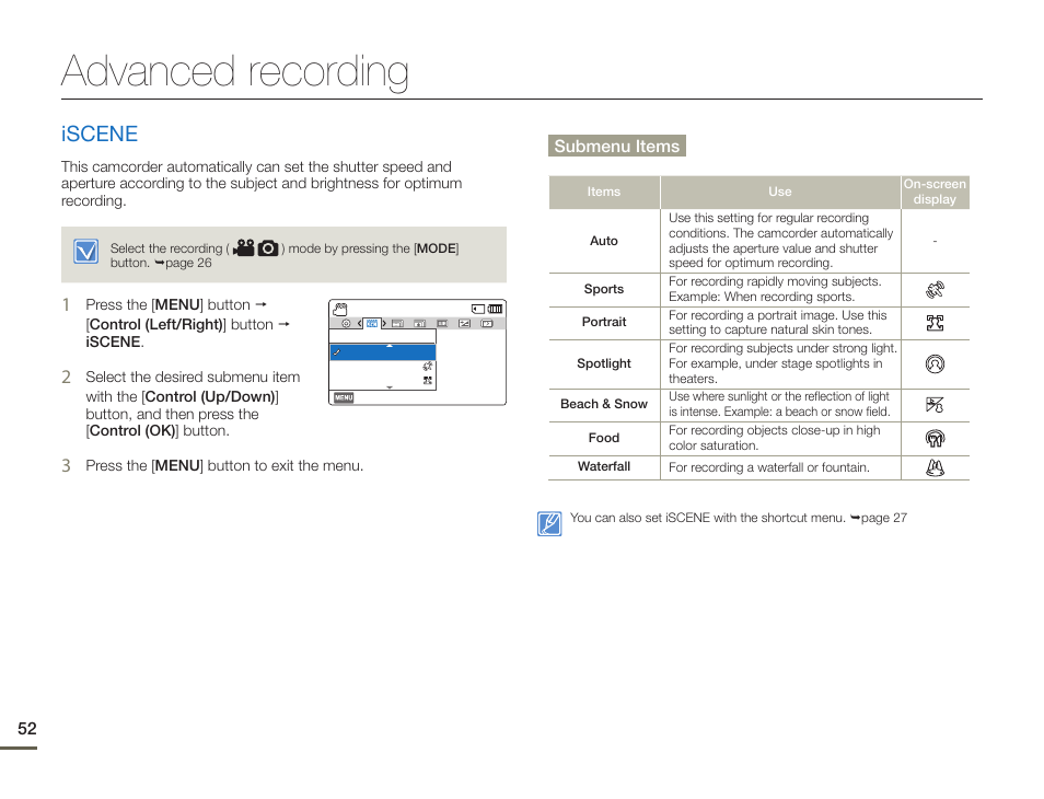 Advanced recording, Iscene | Samsung HMX-F900WN-XAA User Manual | Page 56 / 113