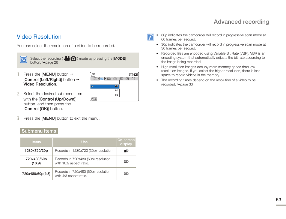 Video resolution, Advanced recording video resolution, Submenu items | Samsung HMX-F900WN-XAA User Manual | Page 57 / 113