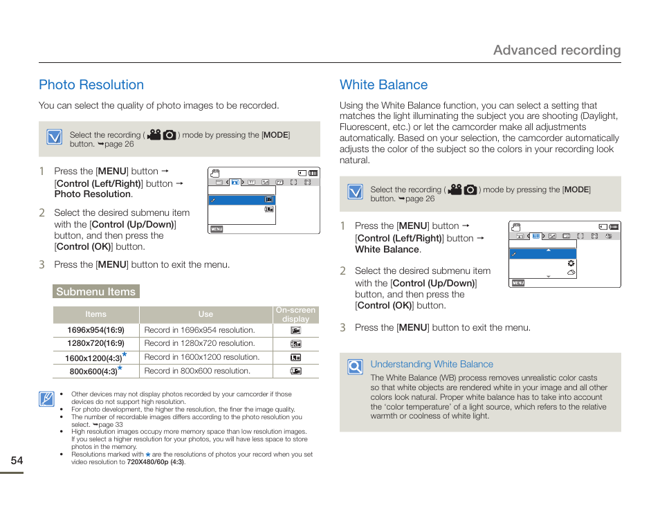 Photo resolution, White balance, Advanced recording photo resolution | Submenu items | Samsung HMX-F900WN-XAA User Manual | Page 58 / 113