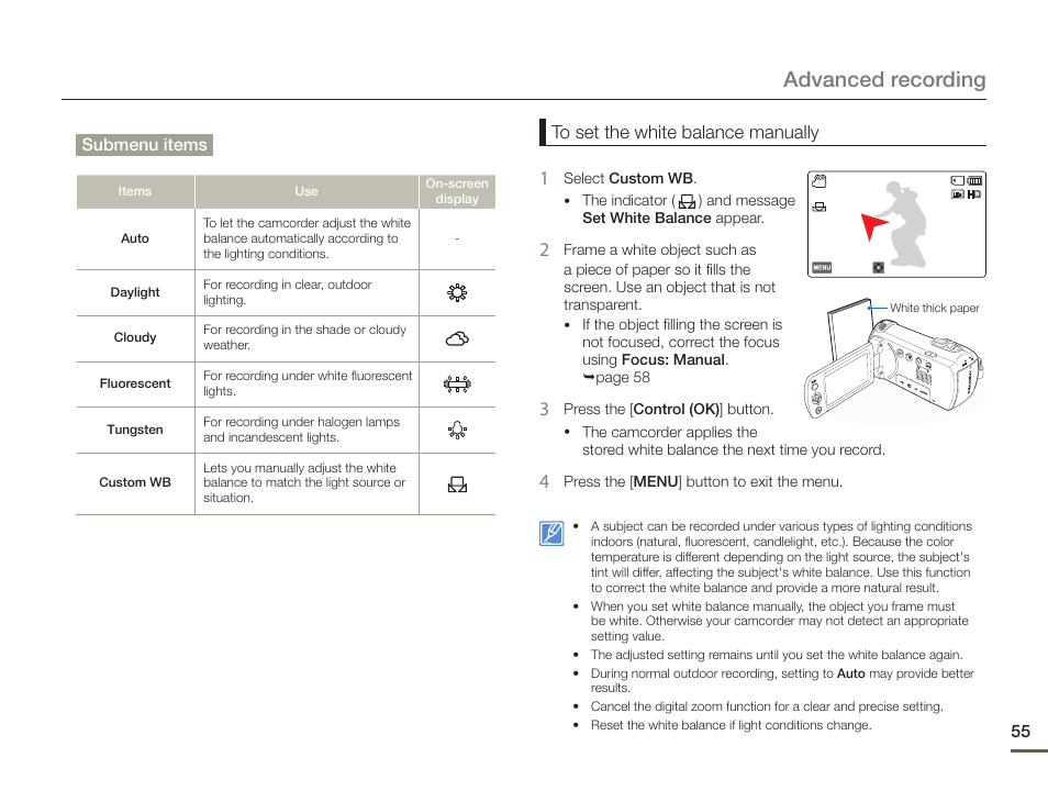 Advanced recording | Samsung HMX-F900WN-XAA User Manual | Page 59 / 113