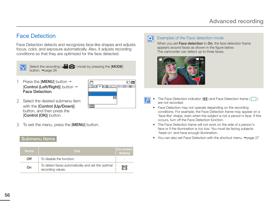 Face detection, Advanced recording face detection, Submenu items | Samsung HMX-F900WN-XAA User Manual | Page 60 / 113