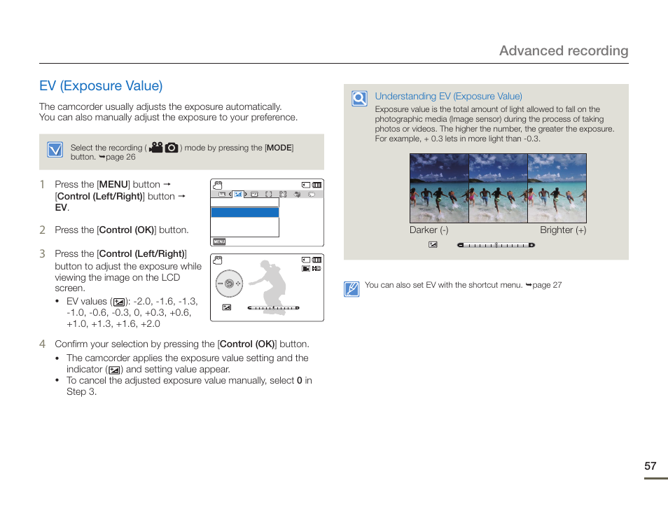 Ev (exposure value), Advanced recording ev (exposure value) | Samsung HMX-F900WN-XAA User Manual | Page 61 / 113