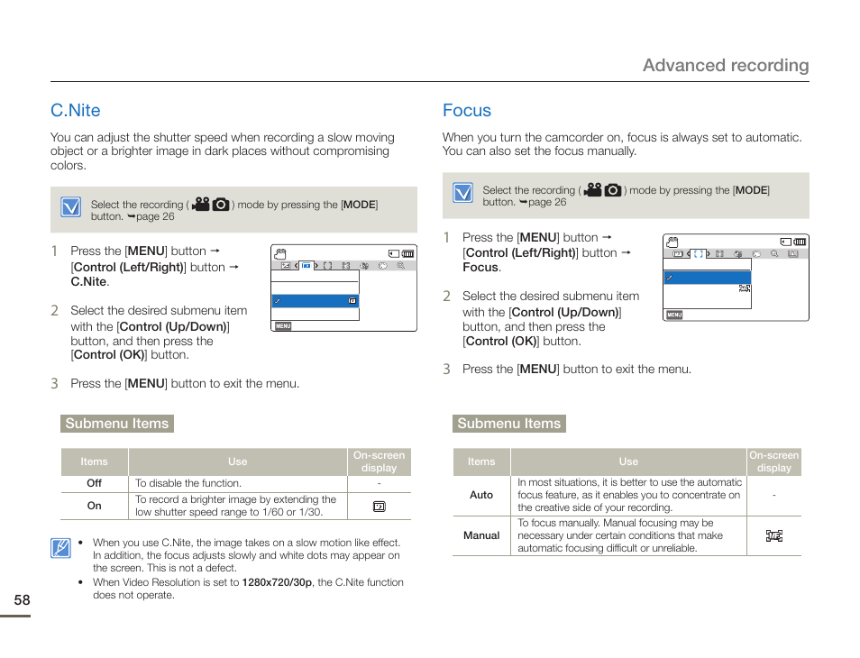 C.nite, Focus, C.nite focus | Advanced recording c.nite | Samsung HMX-F900WN-XAA User Manual | Page 62 / 113