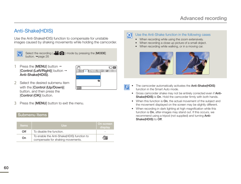 Anti-shake(hdis), Advanced recording anti-shake(hdis) | Samsung HMX-F900WN-XAA User Manual | Page 64 / 113