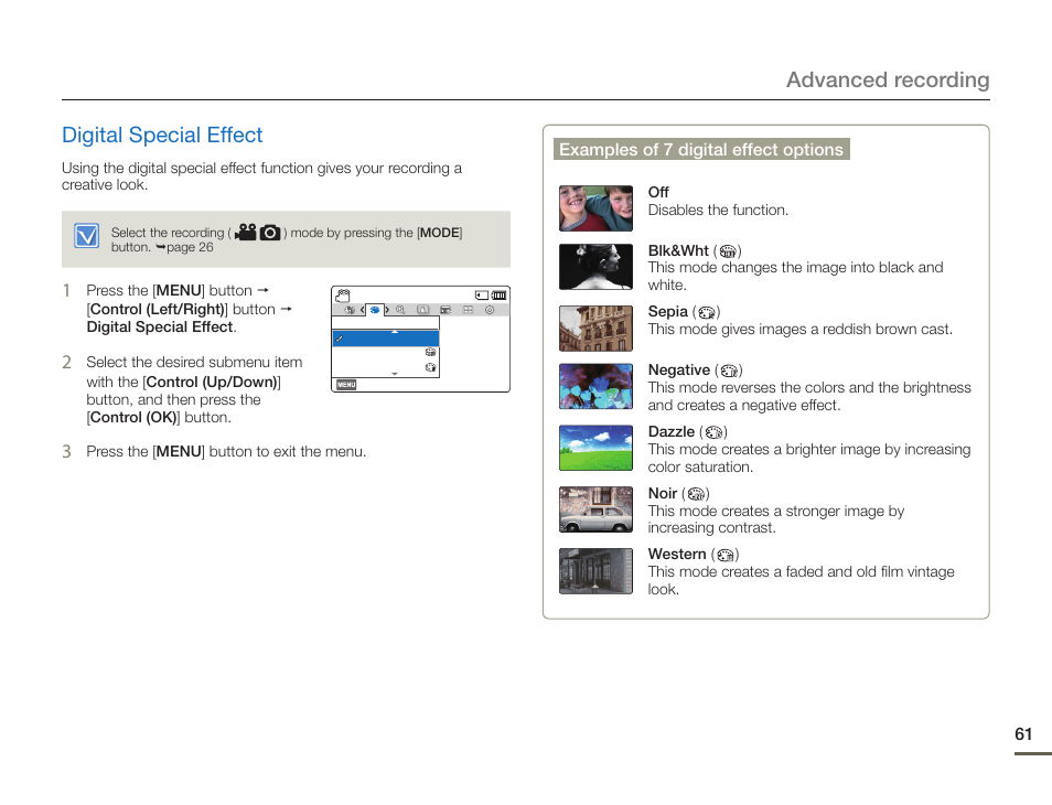 Digital special effect, Advanced recording digital special effect | Samsung HMX-F900WN-XAA User Manual | Page 65 / 113