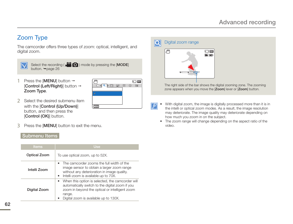 Zoom type, Advanced recording zoom type, Submenu items | Samsung HMX-F900WN-XAA User Manual | Page 66 / 113