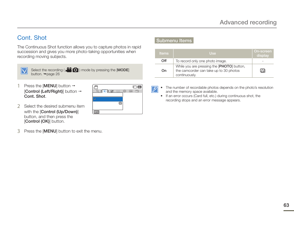 Cont. shot, Advanced recording cont. shot | Samsung HMX-F900WN-XAA User Manual | Page 67 / 113