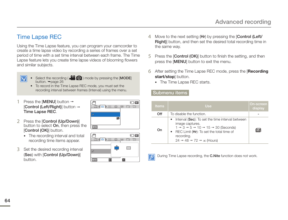 Time lapse rec, Advanced recording time lapse rec, Submenu items | Samsung HMX-F900WN-XAA User Manual | Page 68 / 113