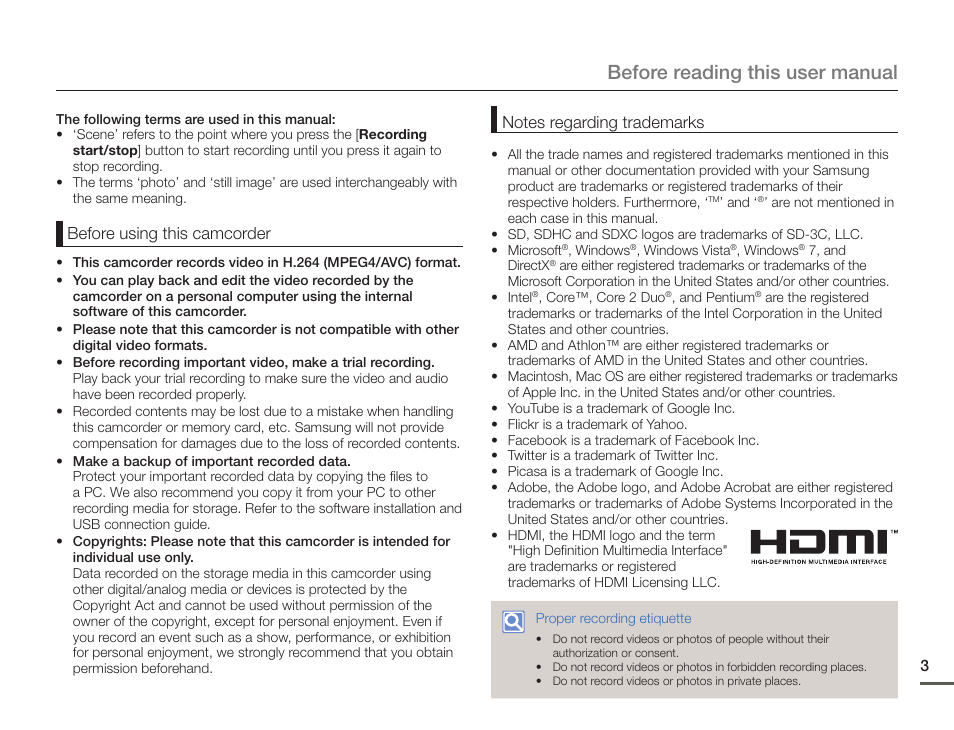 Before reading this user manual, Before using this camcorder | Samsung HMX-F900WN-XAA User Manual | Page 7 / 113