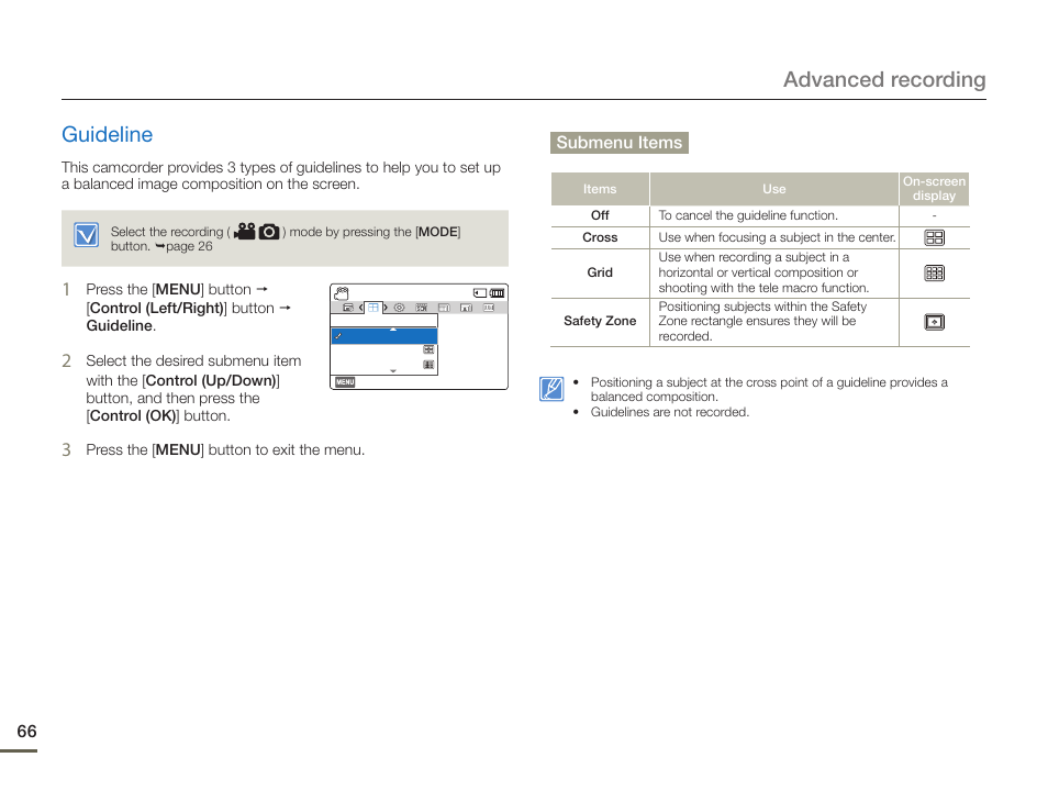 Guideline, Advanced recording guideline | Samsung HMX-F900WN-XAA User Manual | Page 70 / 113