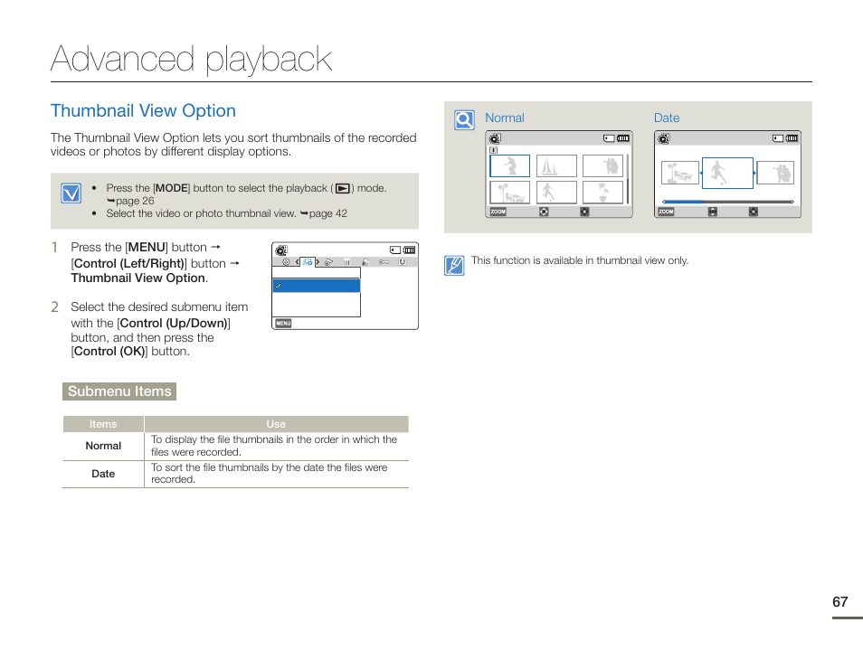 Advanced playback, Thumbnail view option, Submenu items | Samsung HMX-F900WN-XAA User Manual | Page 71 / 113