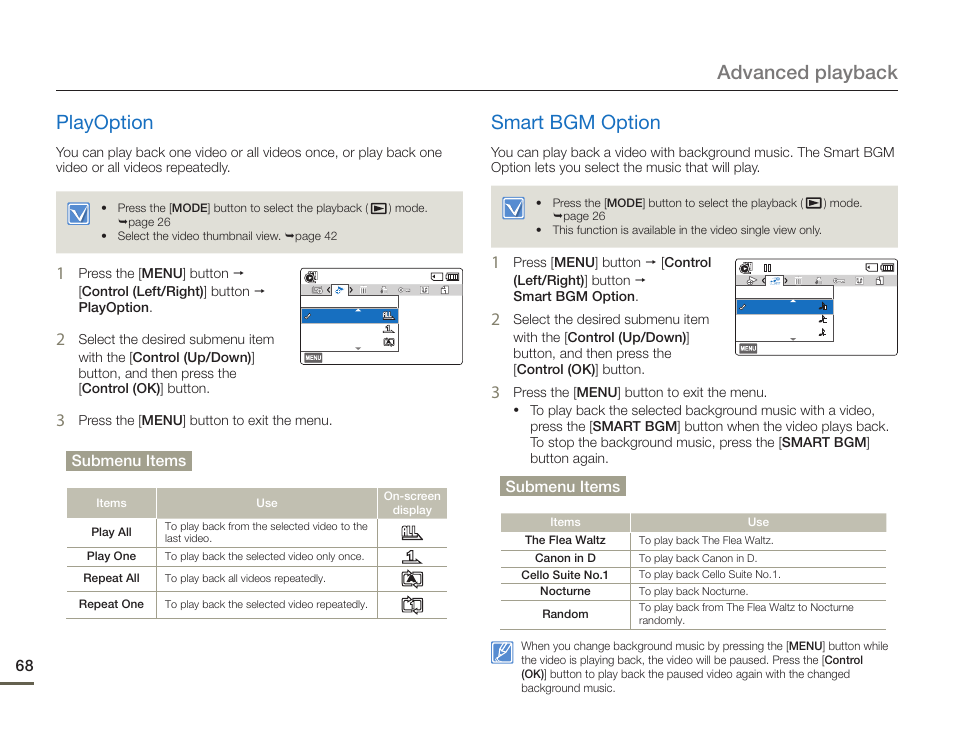 Playoption, Smart bgm option, Playoption smart bgm option | Advanced playback playoption, Submenu items | Samsung HMX-F900WN-XAA User Manual | Page 72 / 113