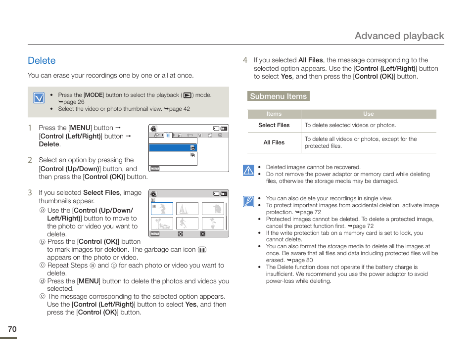 Delete, Advanced playback delete | Samsung HMX-F900WN-XAA User Manual | Page 74 / 113