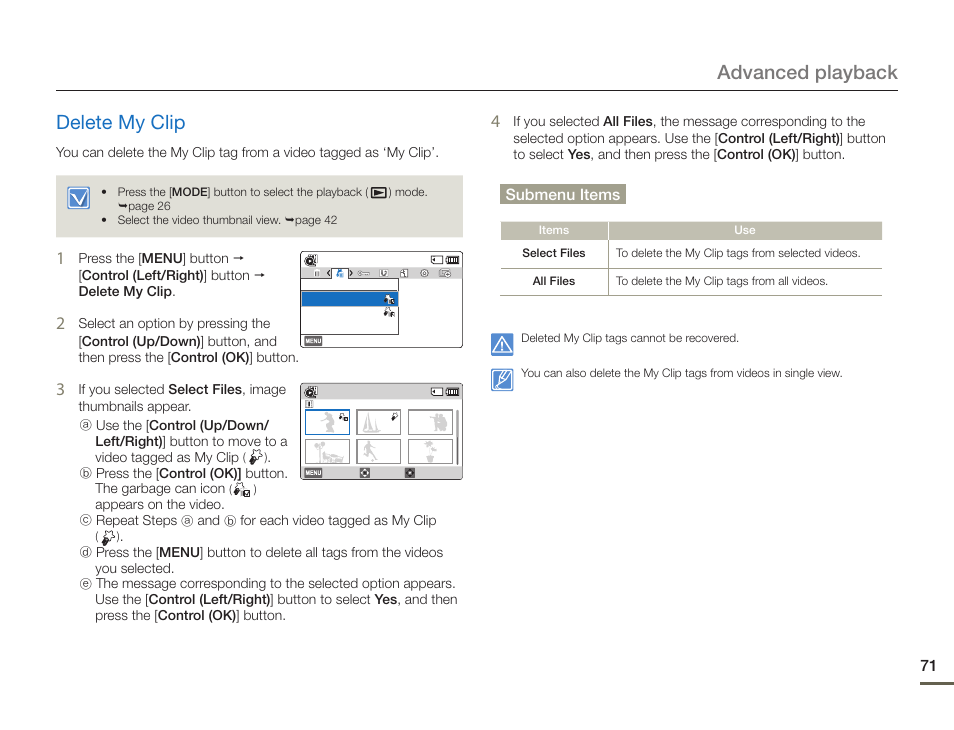 Delete my clip, Advanced playback delete my clip | Samsung HMX-F900WN-XAA User Manual | Page 75 / 113