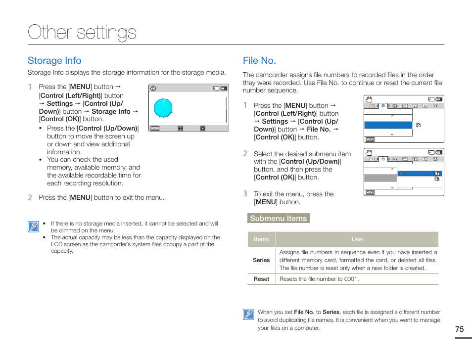 Other settings, Storage info, File no | Storage info file no, Submenu items | Samsung HMX-F900WN-XAA User Manual | Page 79 / 113