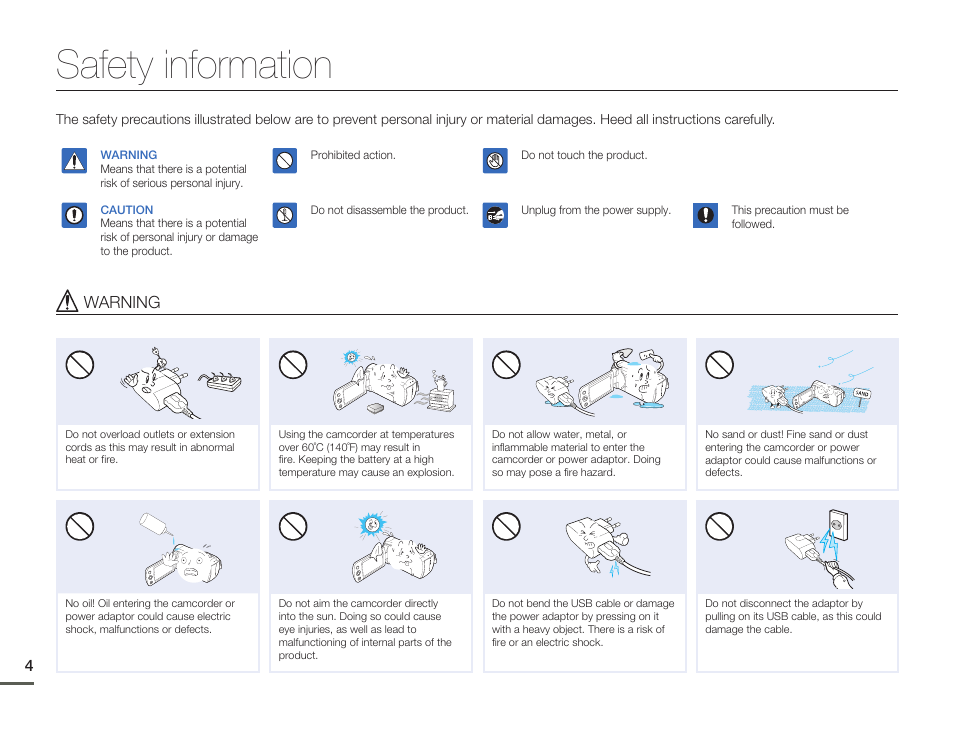 Safety information, Warning | Samsung HMX-F900WN-XAA User Manual | Page 8 / 113