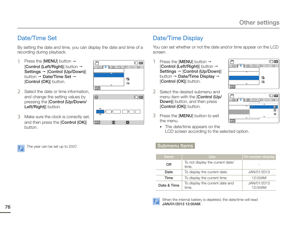 Date/time set, Date/time display, Date/time set date/time display | Other settings date/time set, Submenu items | Samsung HMX-F900WN-XAA User Manual | Page 80 / 113