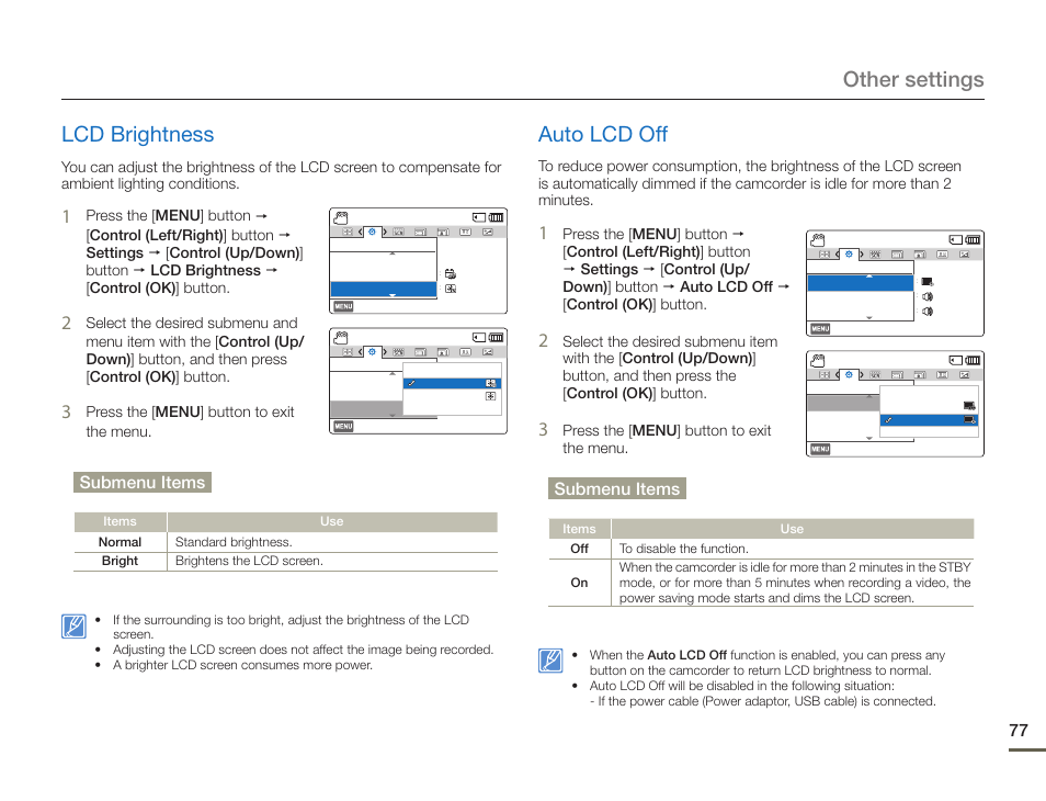 Lcd brightness, Auto lcd off, Lcd brightness auto lcd off | Other settings lcd brightness, Submenu items | Samsung HMX-F900WN-XAA User Manual | Page 81 / 113