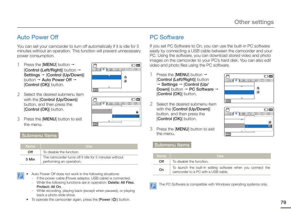 Auto power off, Pc software, Auto power off pc software | Other settings auto power off, Submenu items | Samsung HMX-F900WN-XAA User Manual | Page 83 / 113