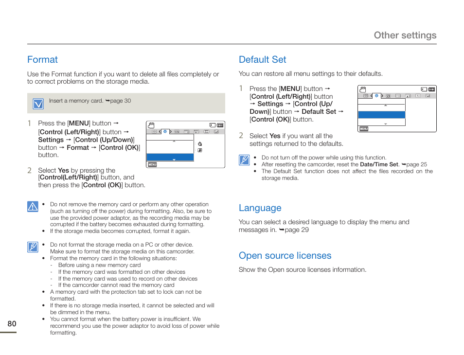 Format, Default set, Language | Open source licenses, Format default set language open source licenses, Other settings format | Samsung HMX-F900WN-XAA User Manual | Page 84 / 113