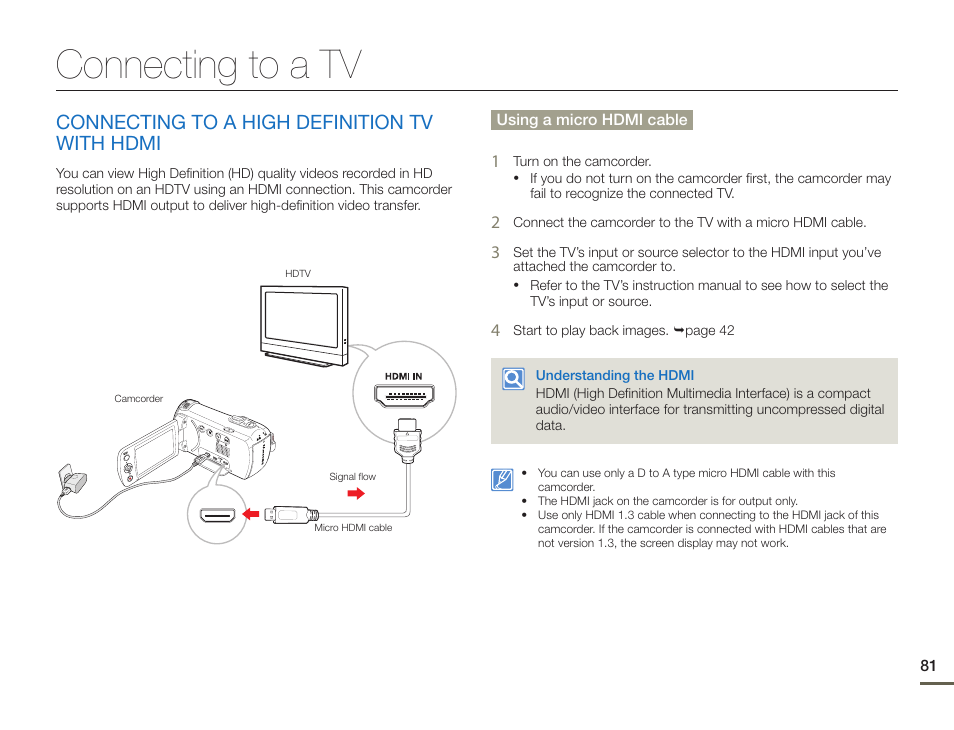 Connecting to a tv, Connecting to a high definition tv with hdmi | Samsung HMX-F900WN-XAA User Manual | Page 85 / 113