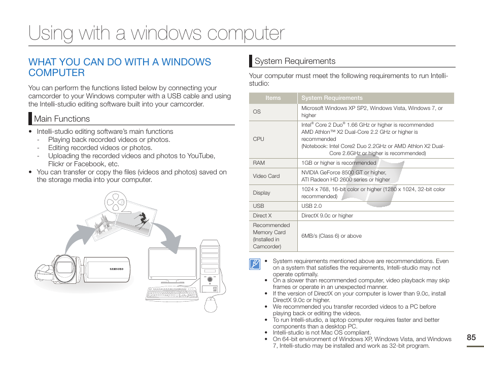 Using with a windows computer, What you can do with a windows computer, Main functions | System requirements | Samsung HMX-F900WN-XAA User Manual | Page 89 / 113