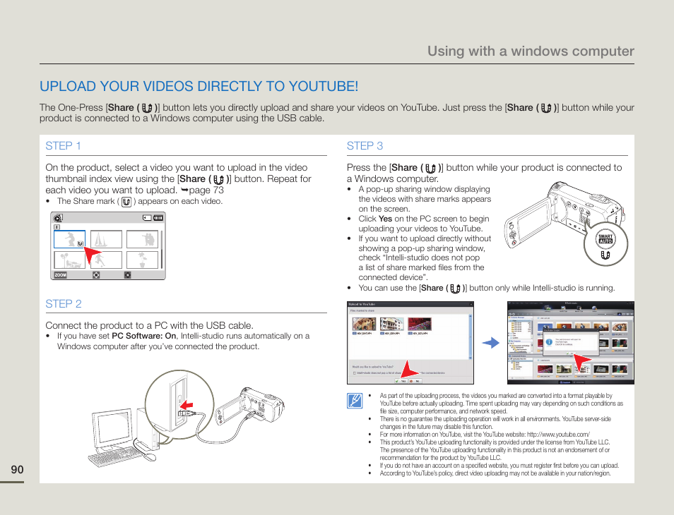 Upload your videos directly to youtube, Using with a windows computer, Step 1 | Step 2, Step 3 | Samsung HMX-F900WN-XAA User Manual | Page 94 / 113